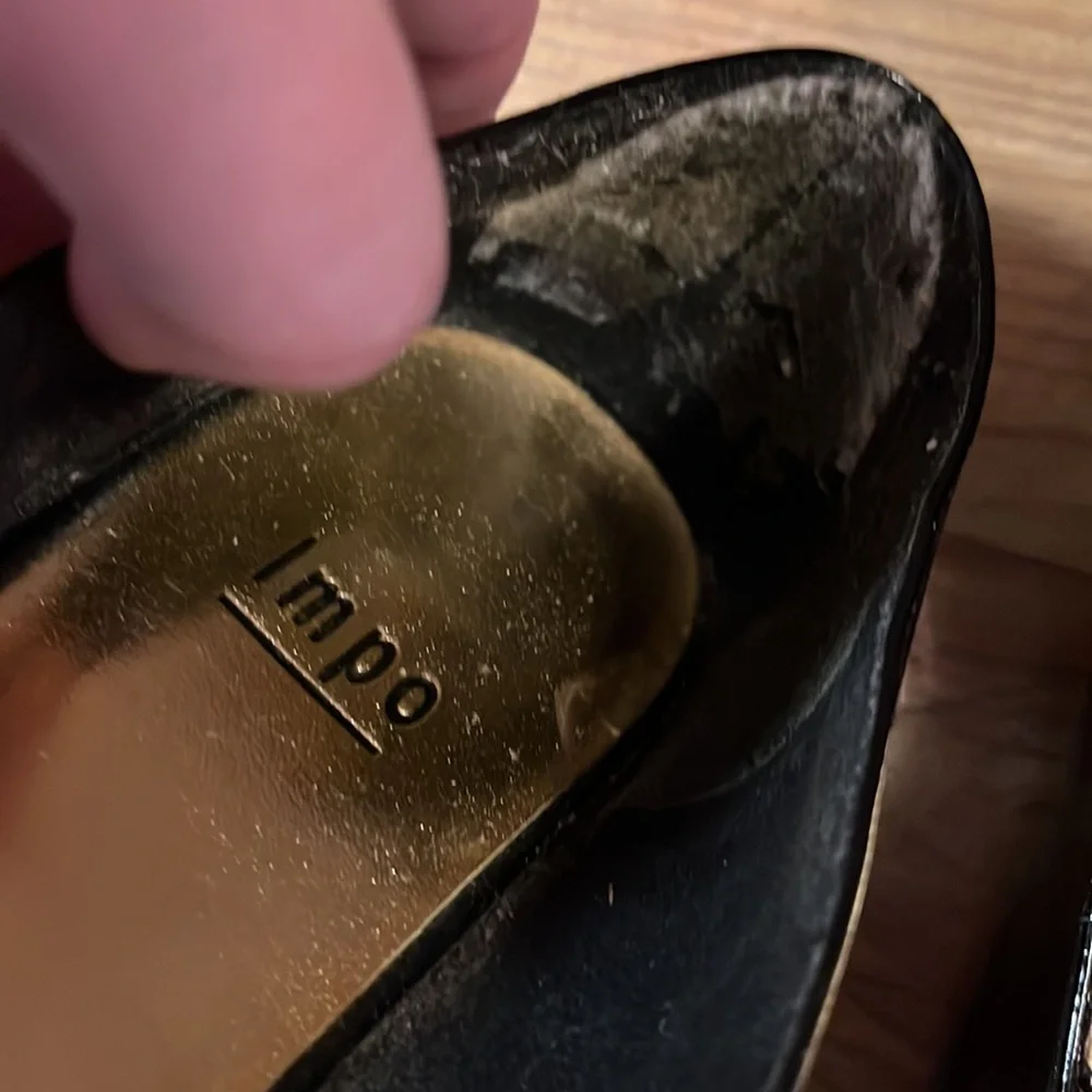 IMPO Alison vegan patent shiny peep toe gold accent mini wedge ballet flats VGUC